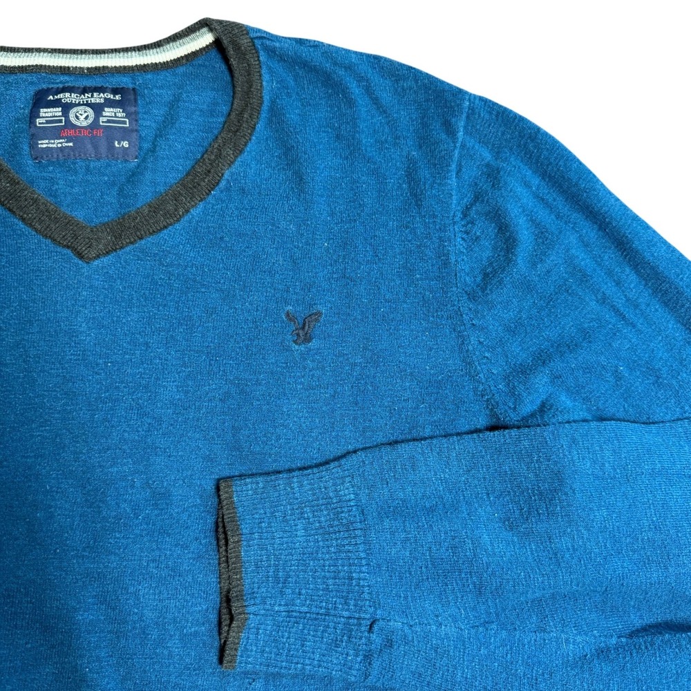 American Eagle Outfitters Mens L Athletic Fit V Neck‎ Sweater Blue Preppy Retro